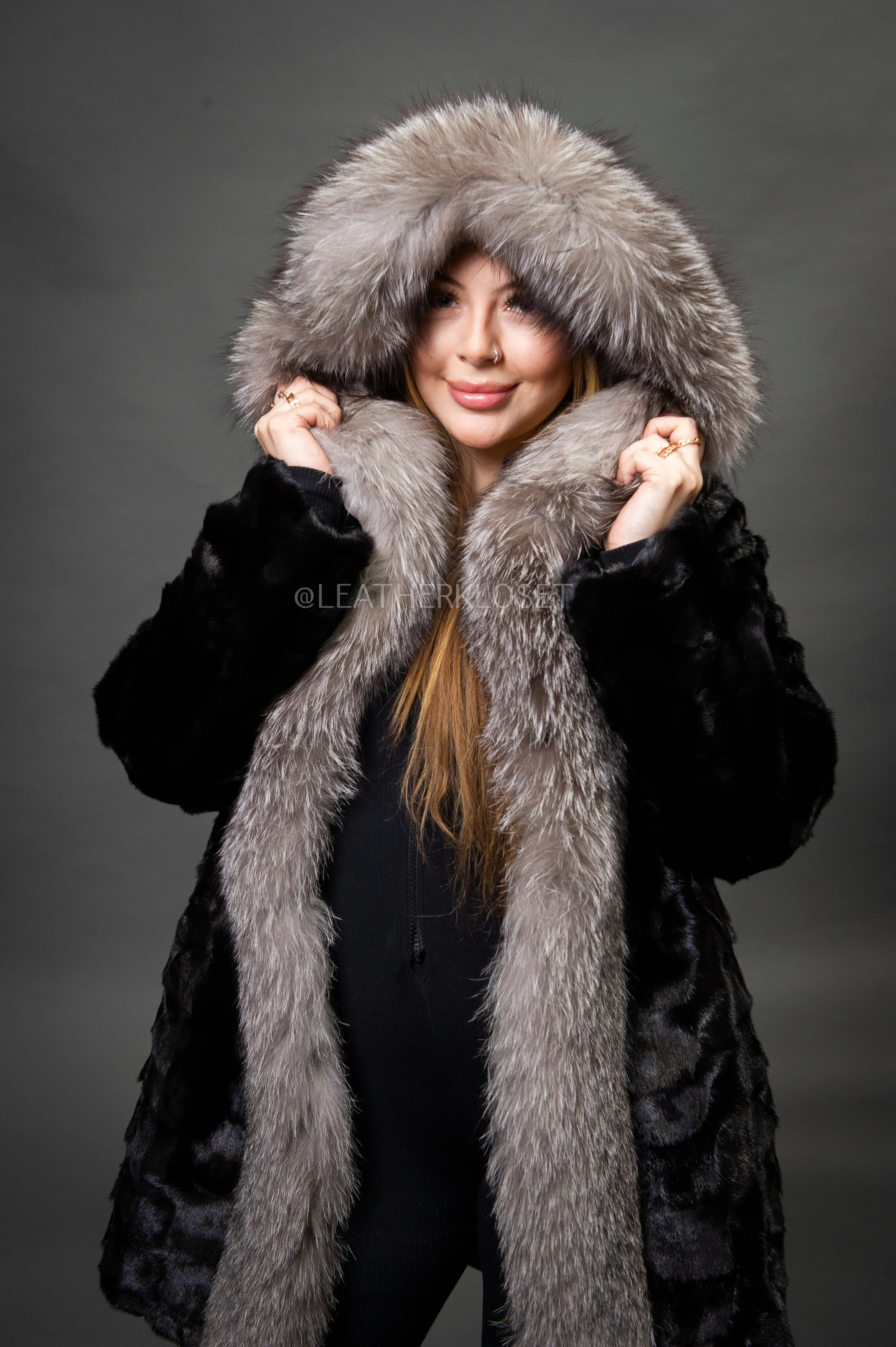 Women's Penelope Mink Coat With Fox Trim [Black/Silver]