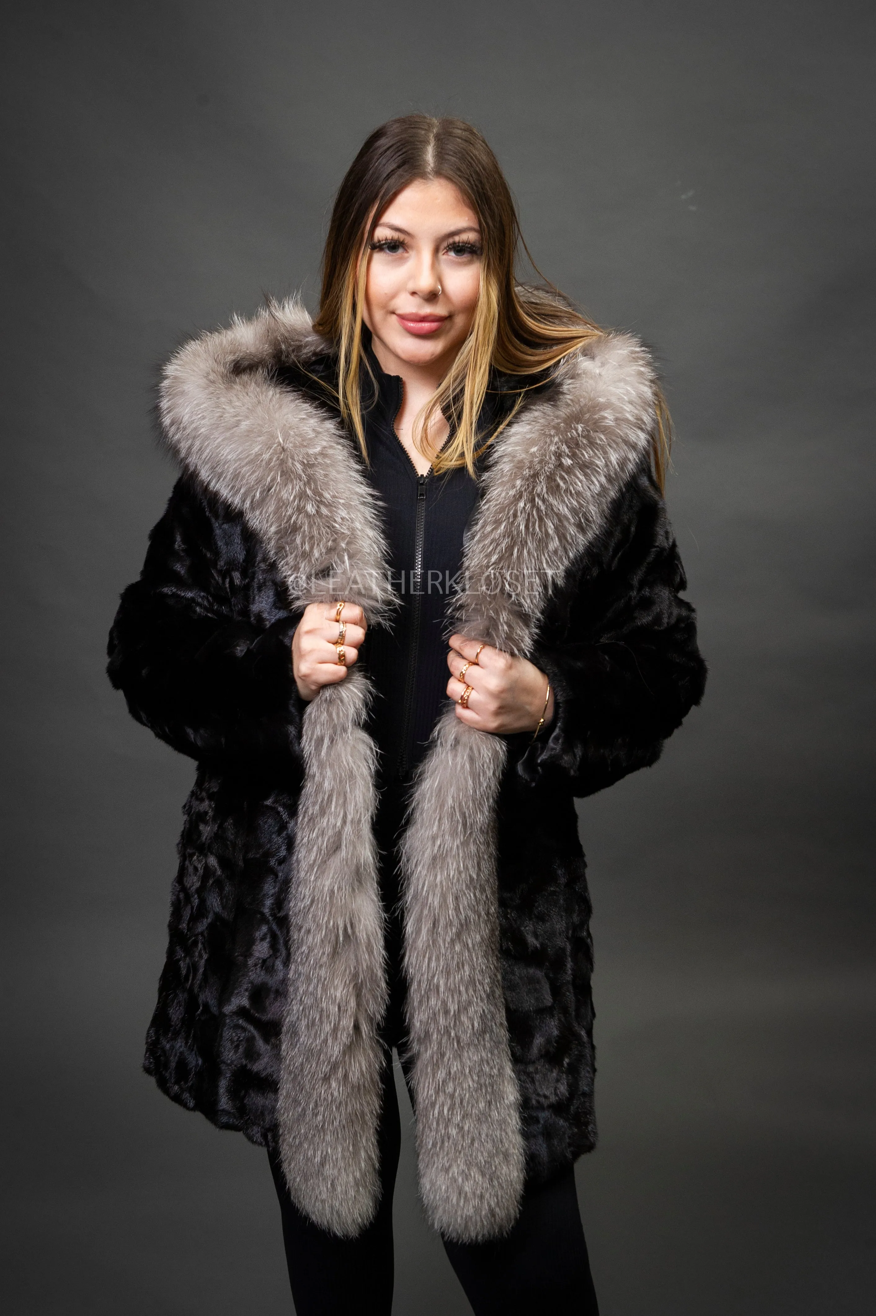 Women's Penelope Mink Coat With Fox Trim [Black/Silver]