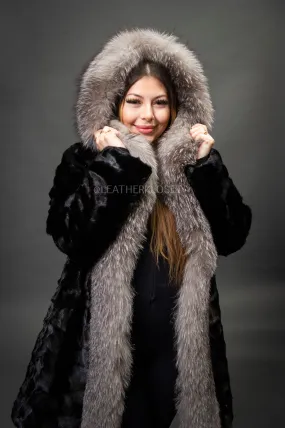 Women's Penelope Mink Coat With Fox Trim [Black/Silver]