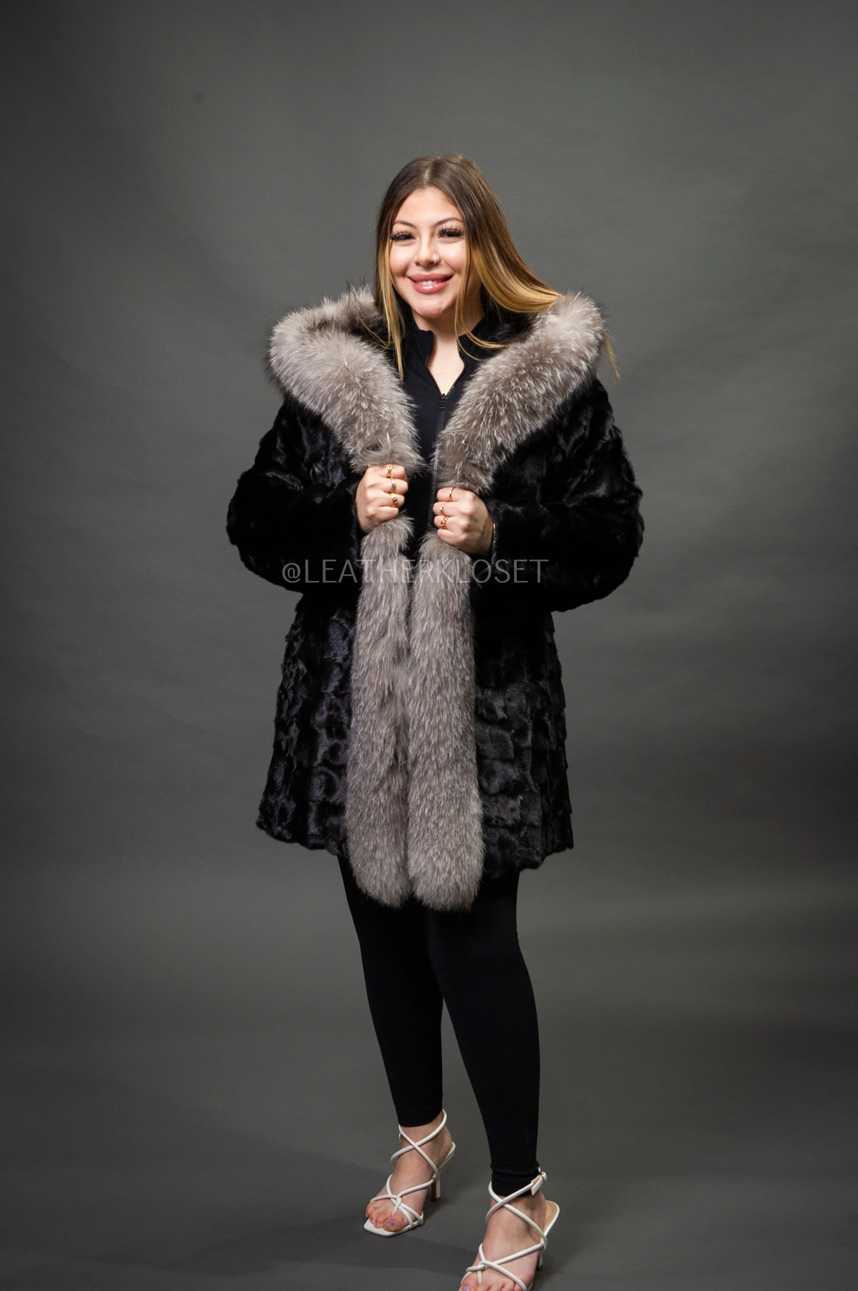 Women's Penelope Mink Coat With Fox Trim [Black/Silver]