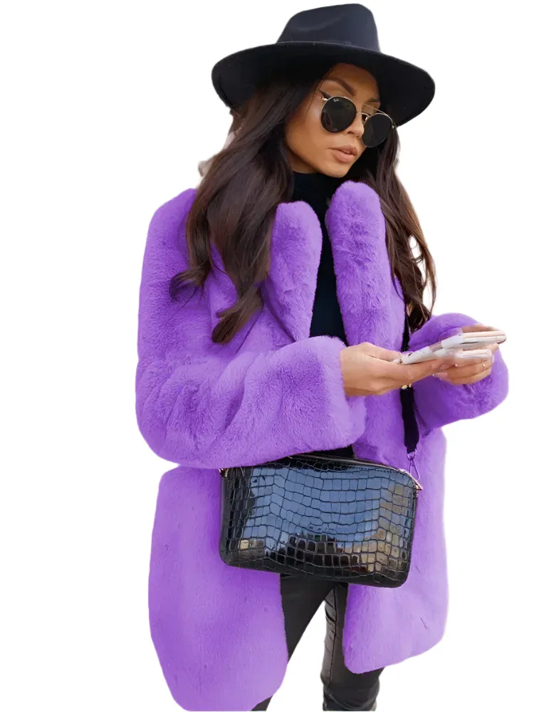 Women's Purple Long Sleeve Winter Coat - Fashion Lapel Fur Jacket, Office Style Outerwear