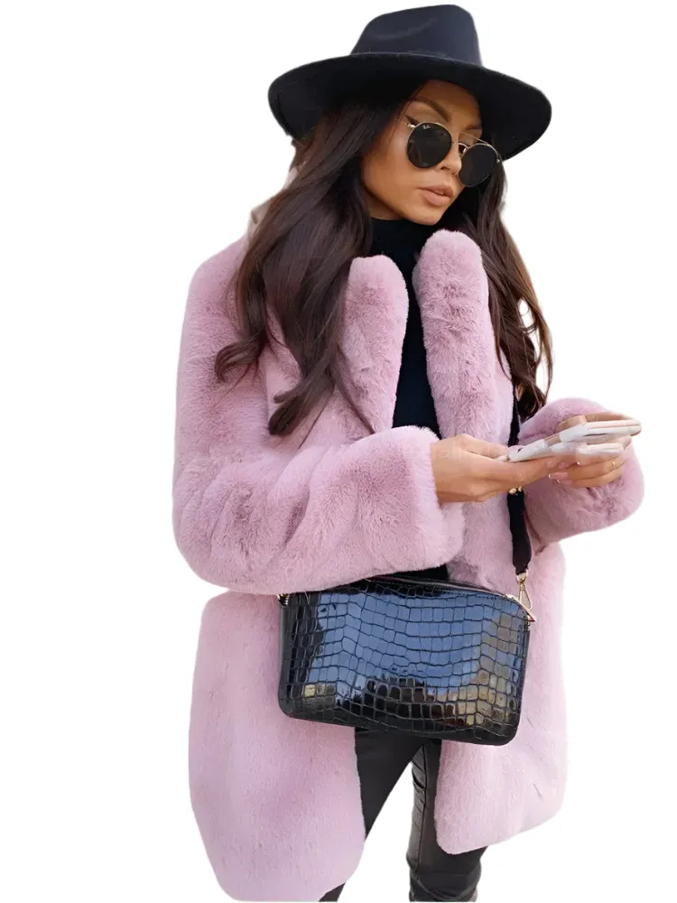 Women's Purple Long Sleeve Winter Coat - Fashion Lapel Fur Jacket, Office Style Outerwear