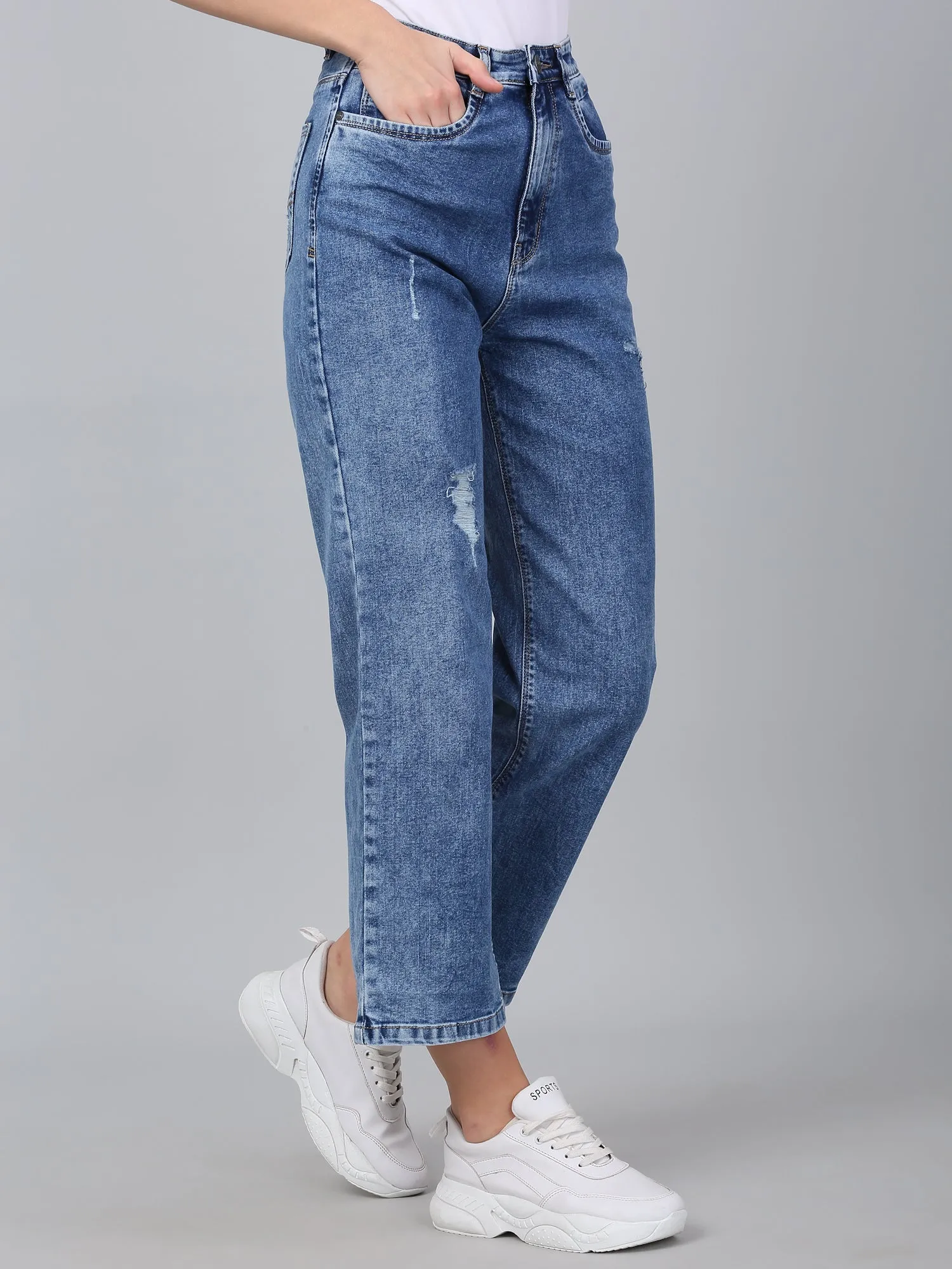 Women's Solid Blue Stretchable Wide Leg Jeans