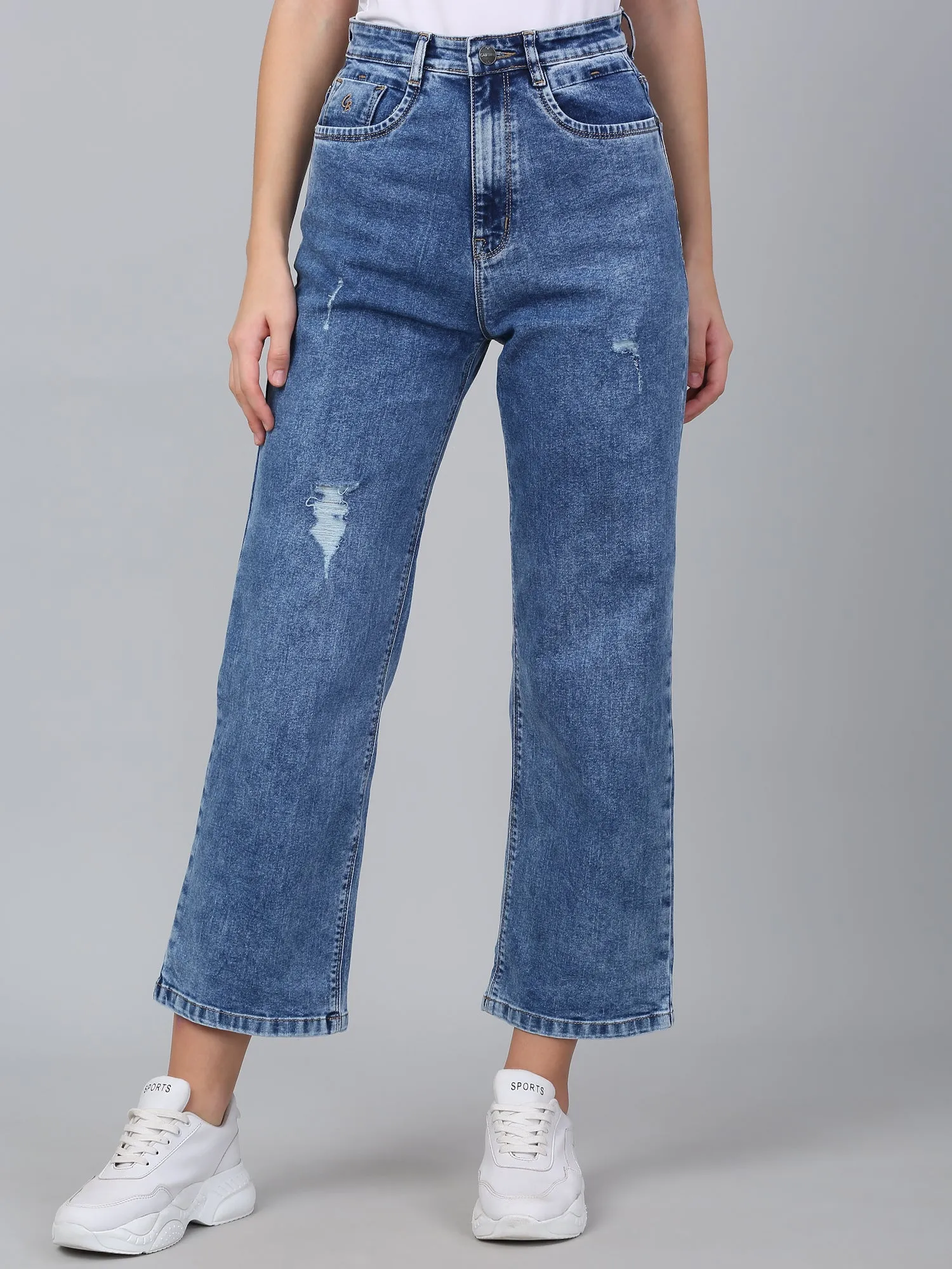 Women's Solid Blue Stretchable Wide Leg Jeans