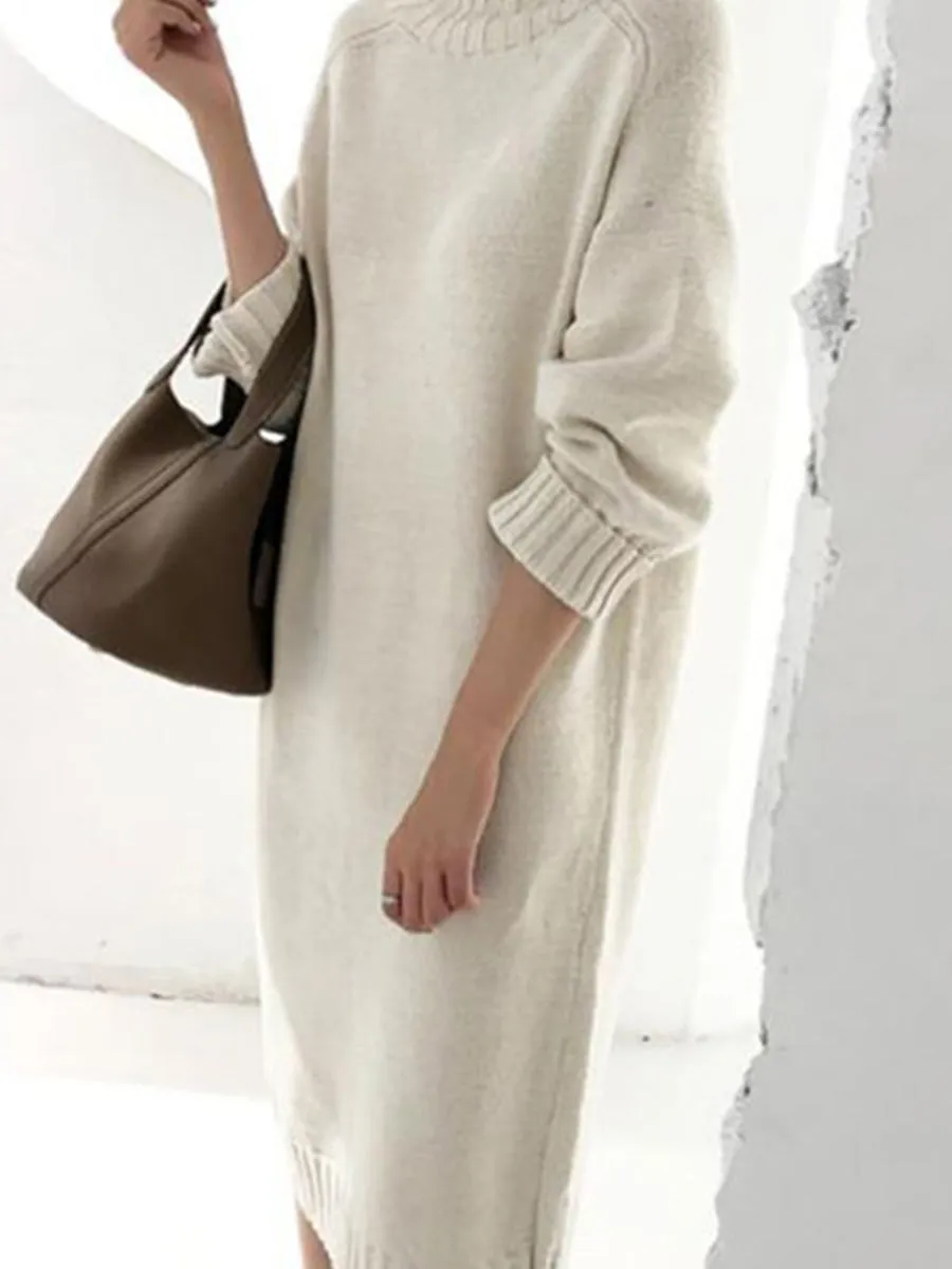 Women'S Solid Color Casual High Neck Knitted Dress