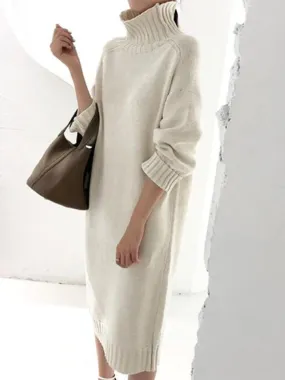 Women'S Solid Color Casual High Neck Knitted Dress