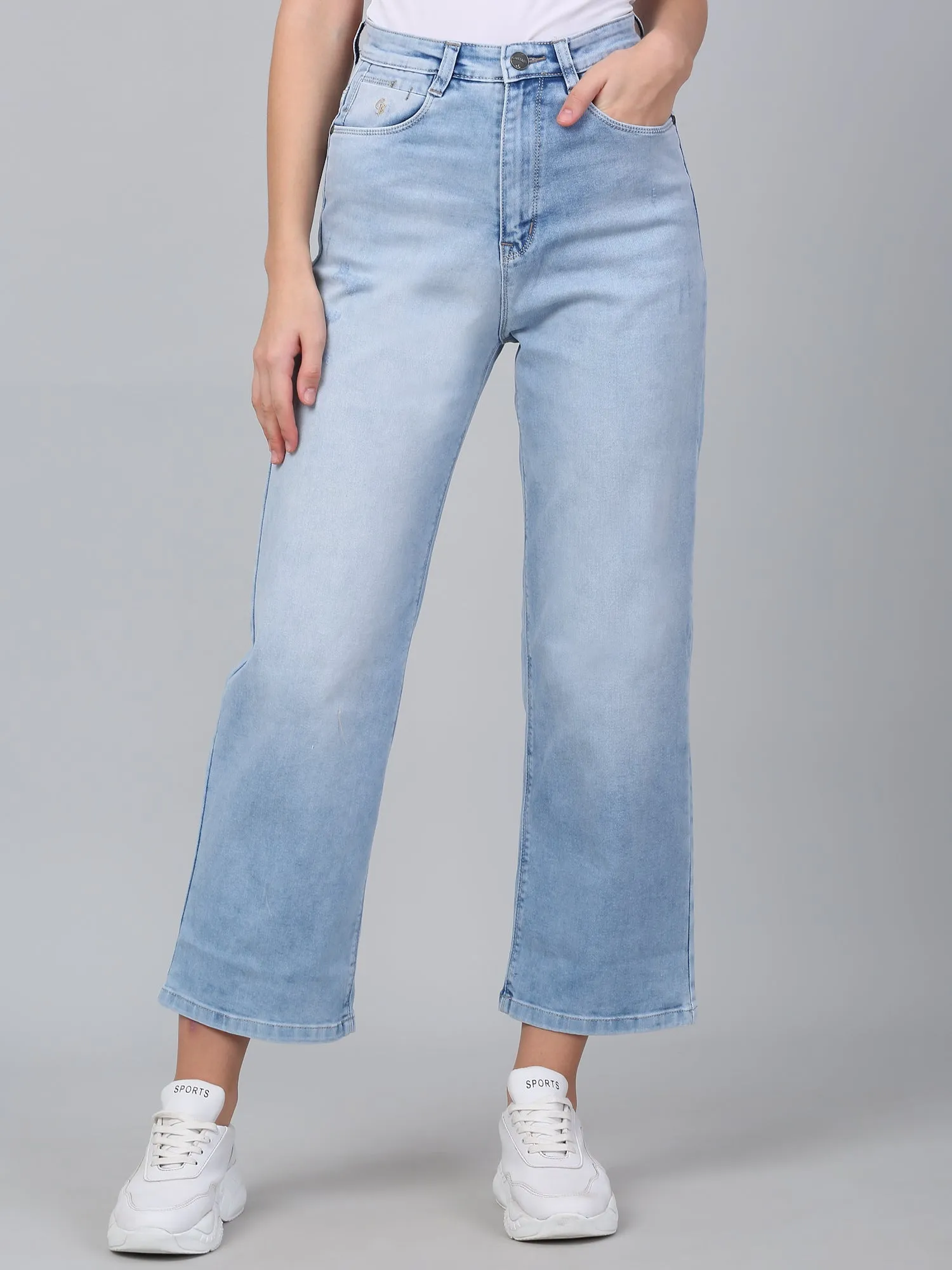 Women's Solid Light Blue Stretchable Wide Leg Jeans