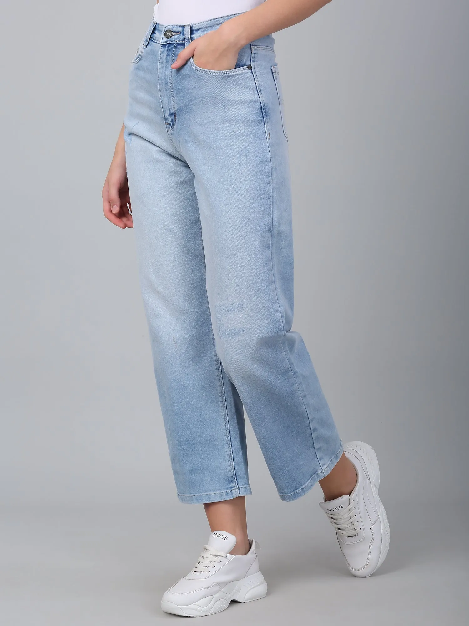 Women's Solid Light Blue Stretchable Wide Leg Jeans