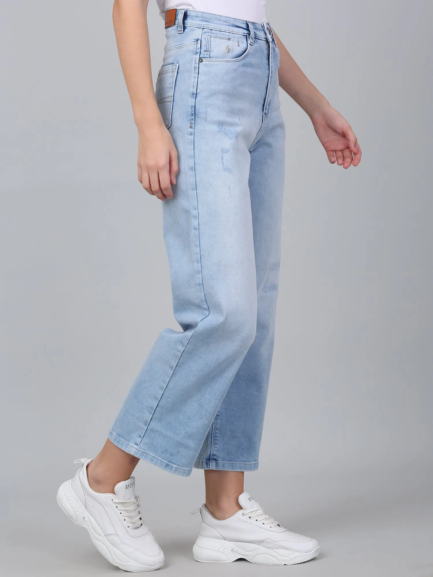 Women's Solid Light Blue Stretchable Wide Leg Jeans