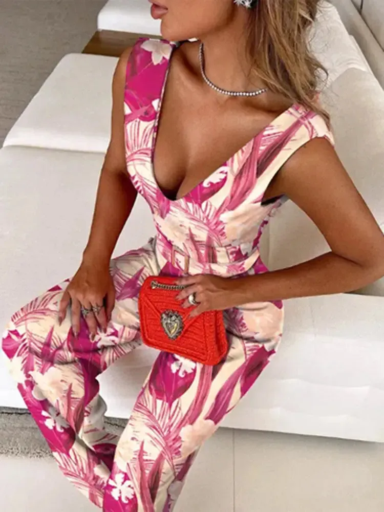 Women's Stylish V-Neck Wide Leg Jumpsuit - Perfect for Summer Beach Days & Parties