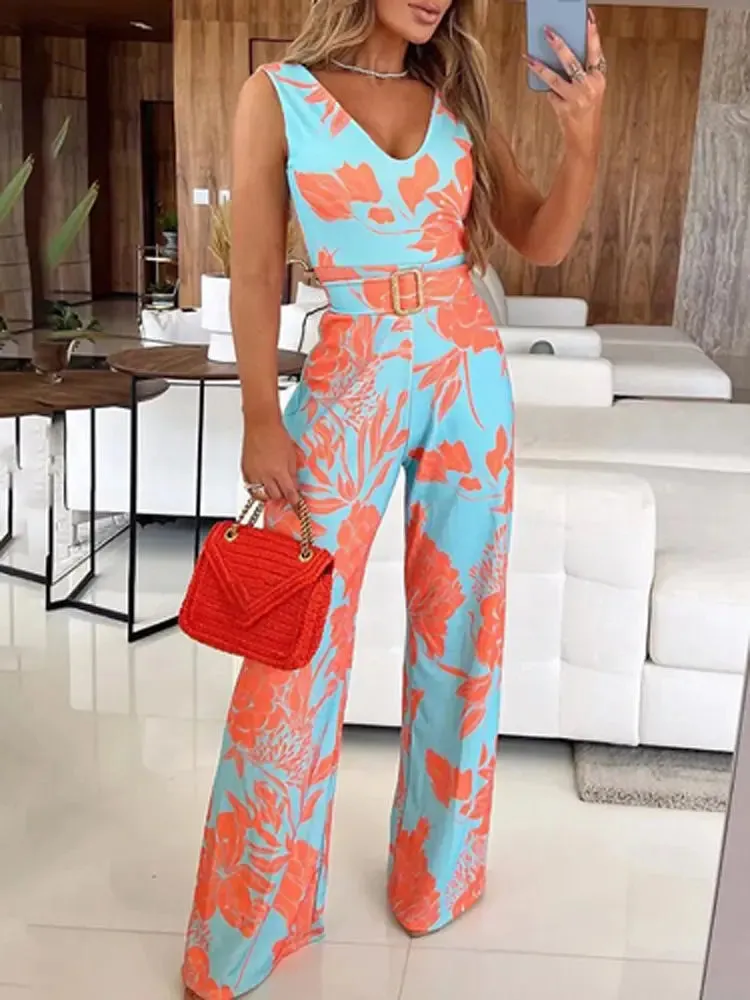 Women's Stylish V-Neck Wide Leg Jumpsuit - Perfect for Summer Beach Days & Parties