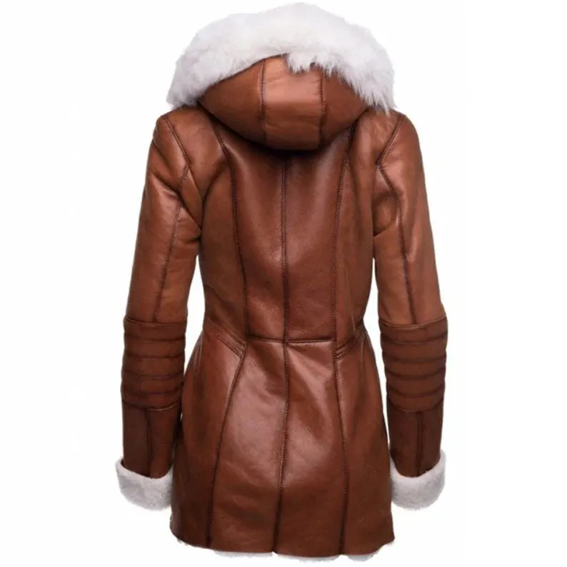 Womens Tan Shearling Trench Style Leather Coat with Fur Hooded