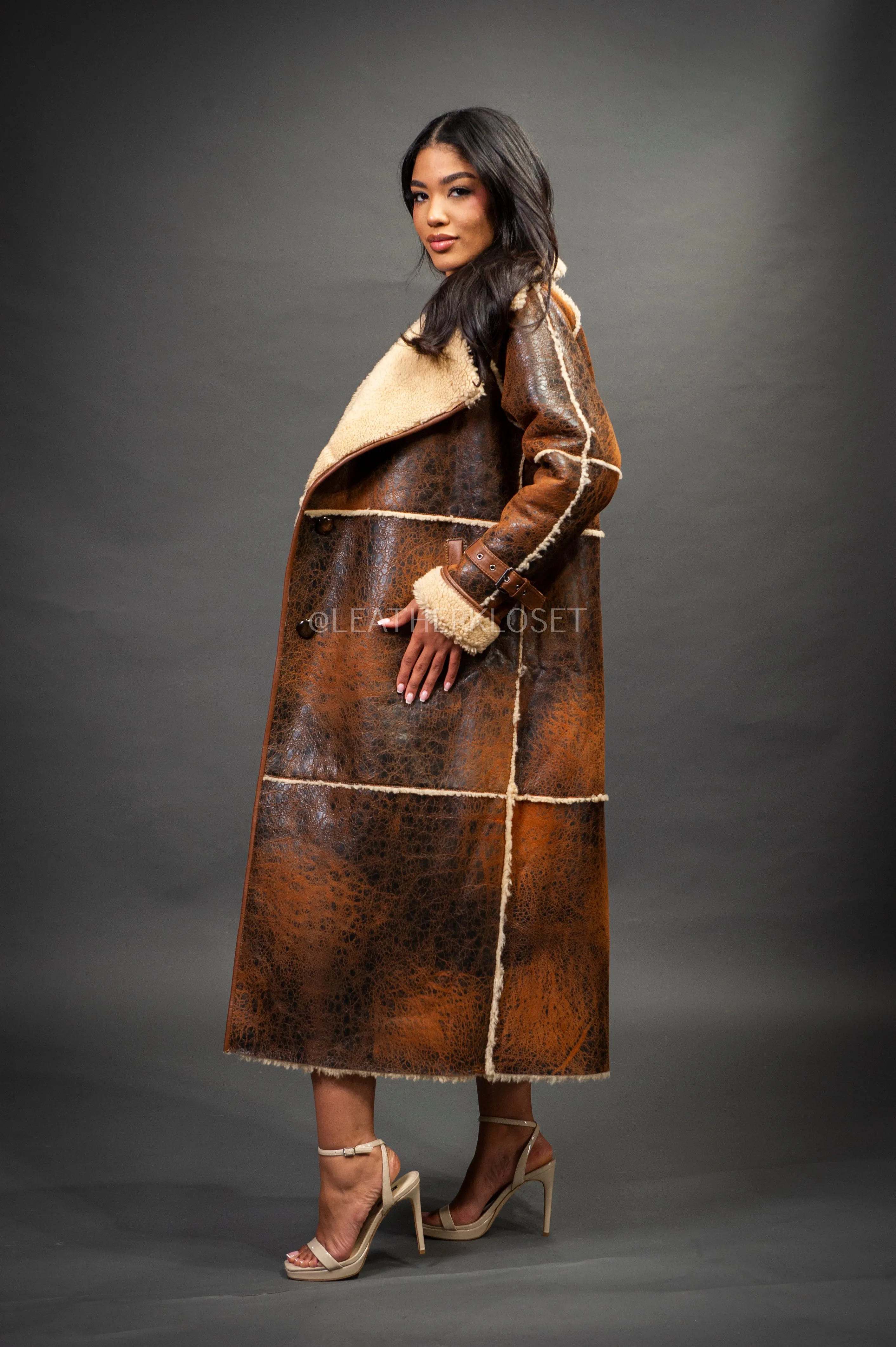 Women's Trinity Full Length Real Sheepskin Trench Coat [Distressed Brown]