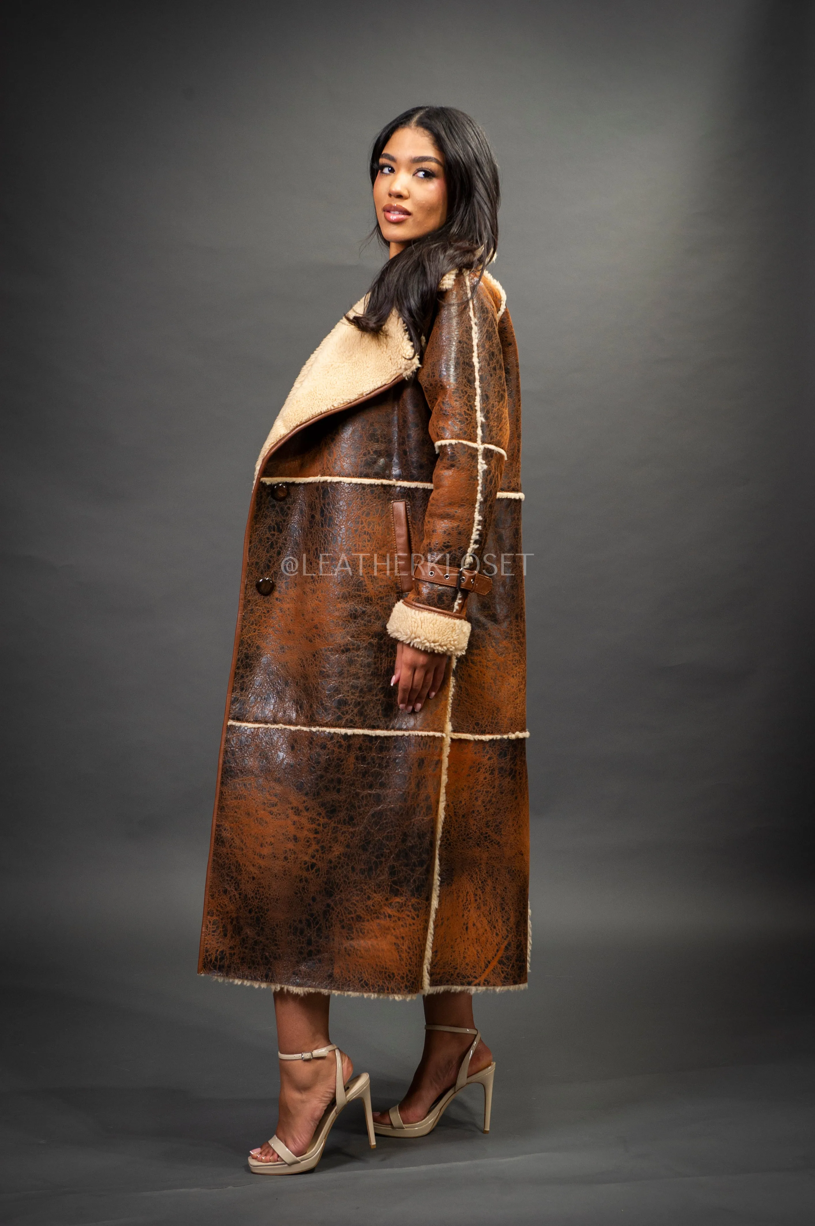 Women's Trinity Full Length Real Sheepskin Trench Coat [Distressed Brown]