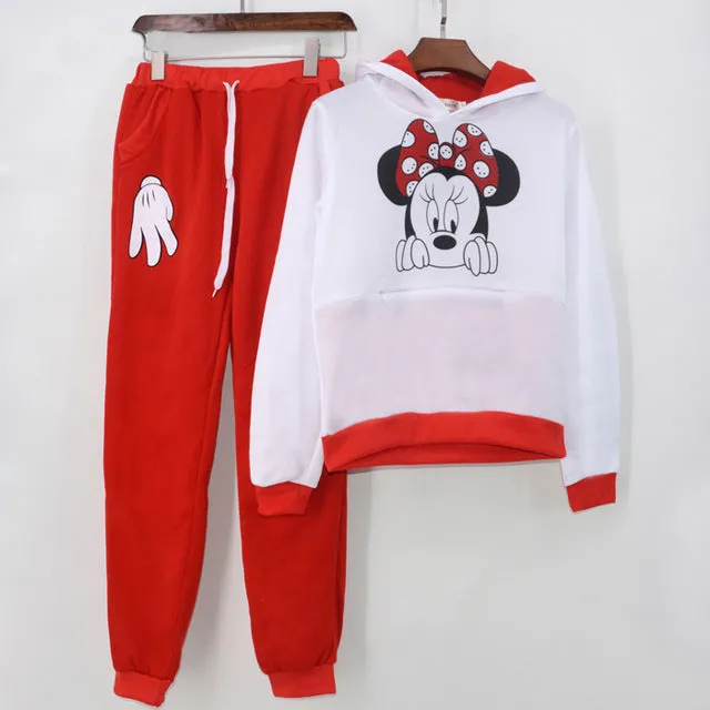 XUANSHOW Women Set Casual Sportswear Cute Ear Cartoon Mouse Printed With Hooded long-sleeved Suit Tenue Tracksuit  Femme