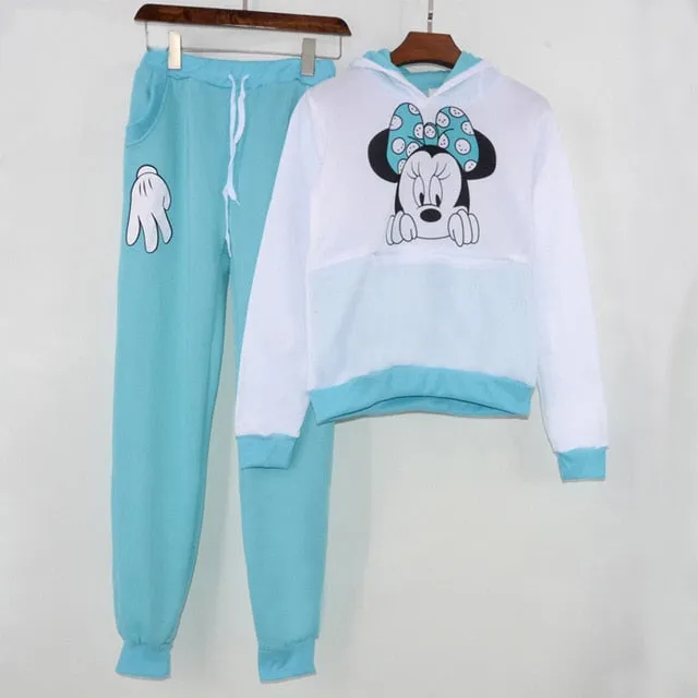 XUANSHOW Women Set Casual Sportswear Cute Ear Cartoon Mouse Printed With Hooded long-sleeved Suit Tenue Tracksuit  Femme